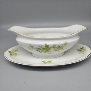 Vintage PAUL MULLER SELB BAVARIA PORCELAIN green ROSES GOLD TRIM GRAVY BOAT